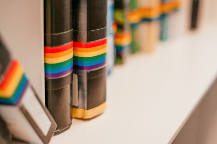 Shelf with LGBTQ awareness books at the public library.