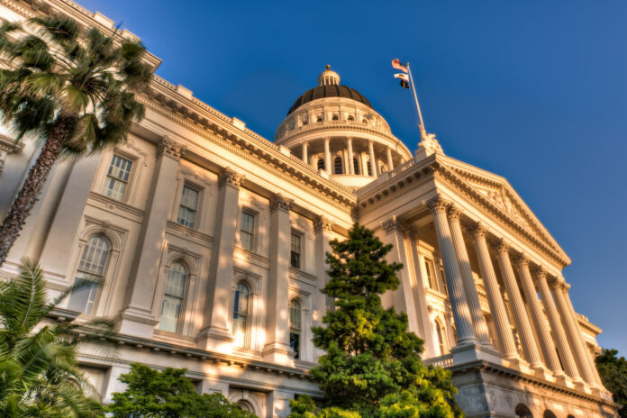 California State Capitol building in the warm light of the setting sun.