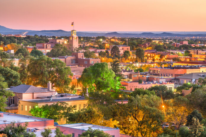 Santa Fe, New Mexico, USA downtown skyline at dusk.