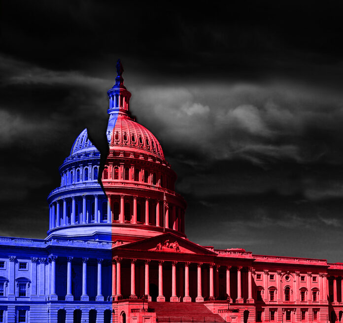 The United States capitol building half red and blue, representing Democrat and Republican political division