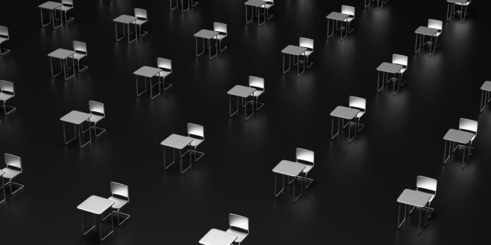 Social distancing concept. Empty chairs and desks in a dinstance on black background. Keep distance to protect Covid-19 coronavirus outbreak spread, 3d illustration