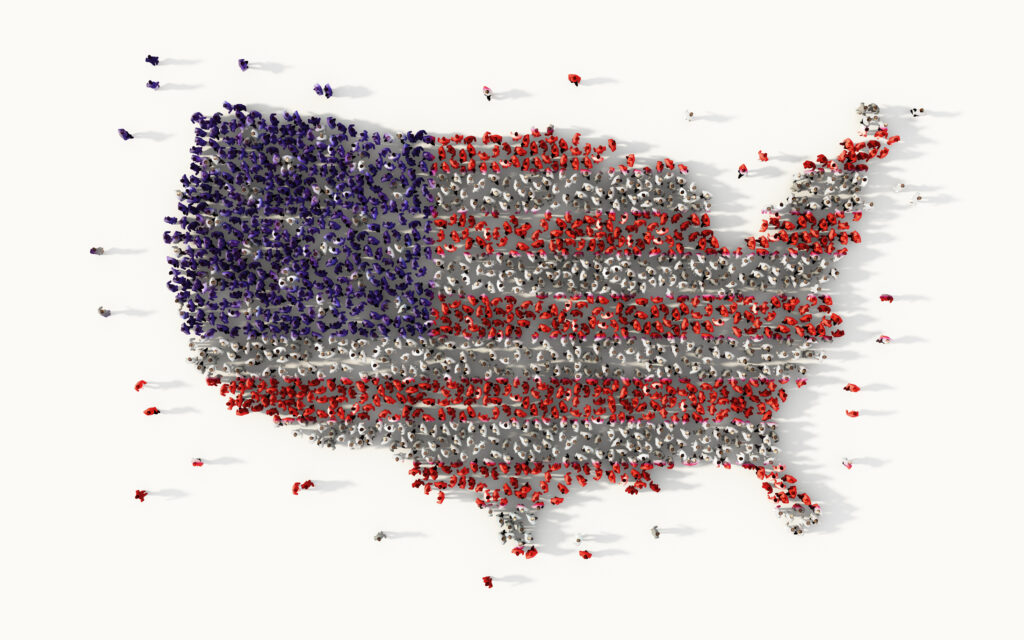 Large group of people forming The United States of America, social media concept. 3d illustration, socialism