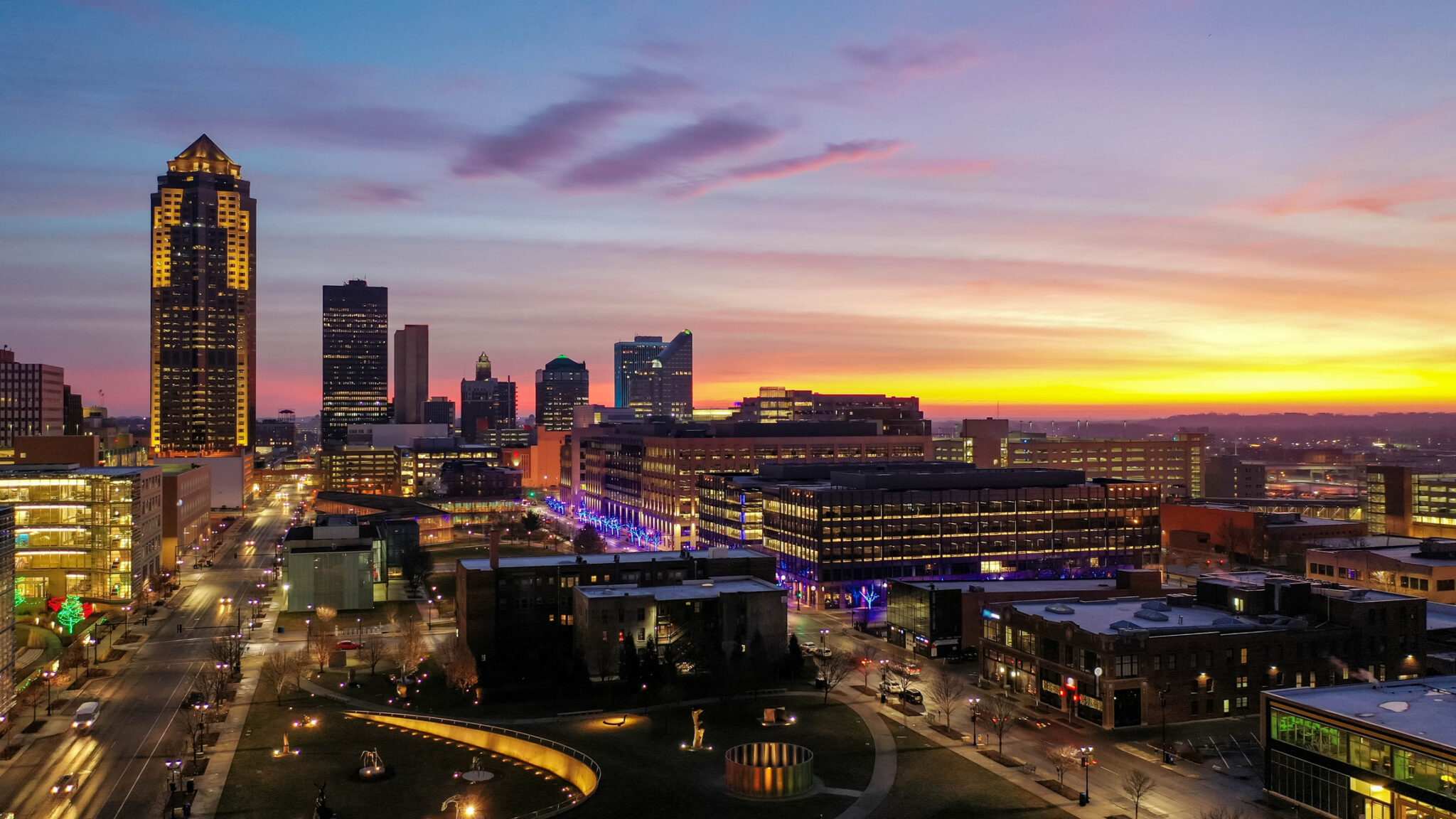 Aerial view of the Des Moines skyline at sunrise looking out across the Pap...