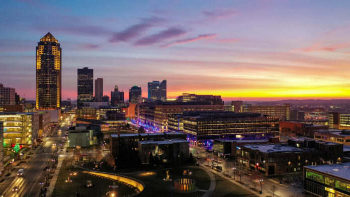 Aerial view of the Des Moines skyline at sunrise looking out across the Pappajohn Sculpture Garden.
