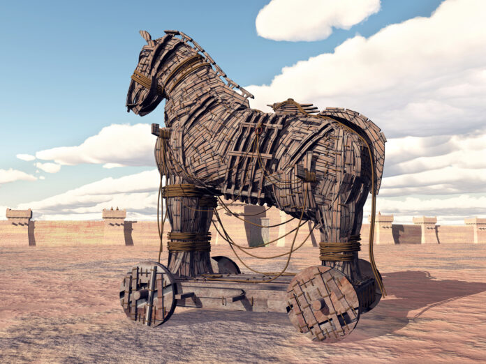 Computer generated 3D illustration with the Trojan Horse at Troy