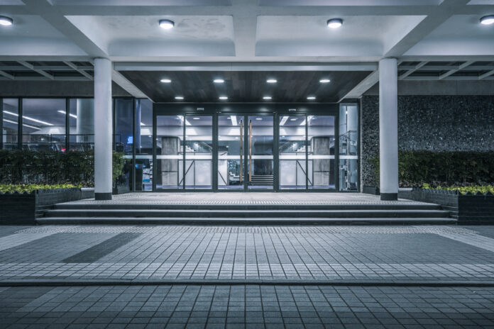 empty pavement front of modern building entrance,Hong Kong,china.