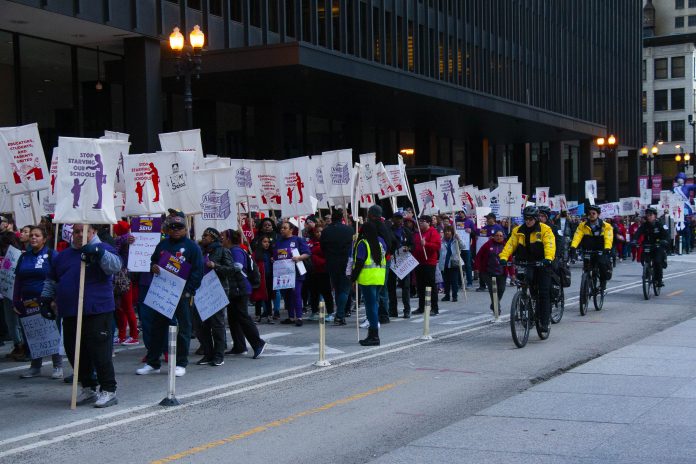 Chicago teachers unions rallying in downtown chicago