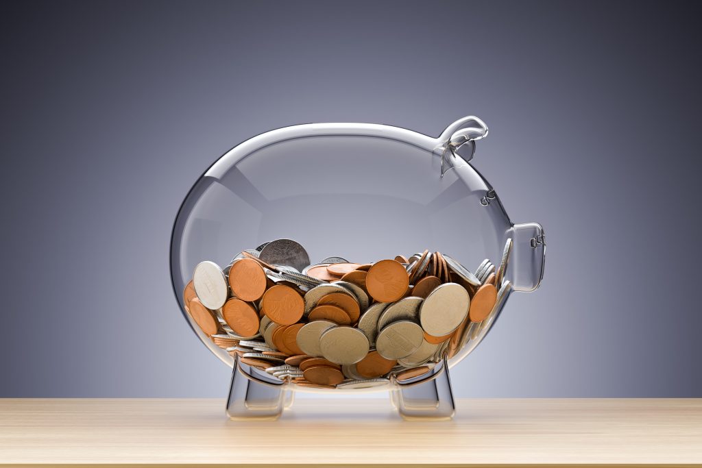 Glass piggy bank with coins , 3d render, Ohio spending