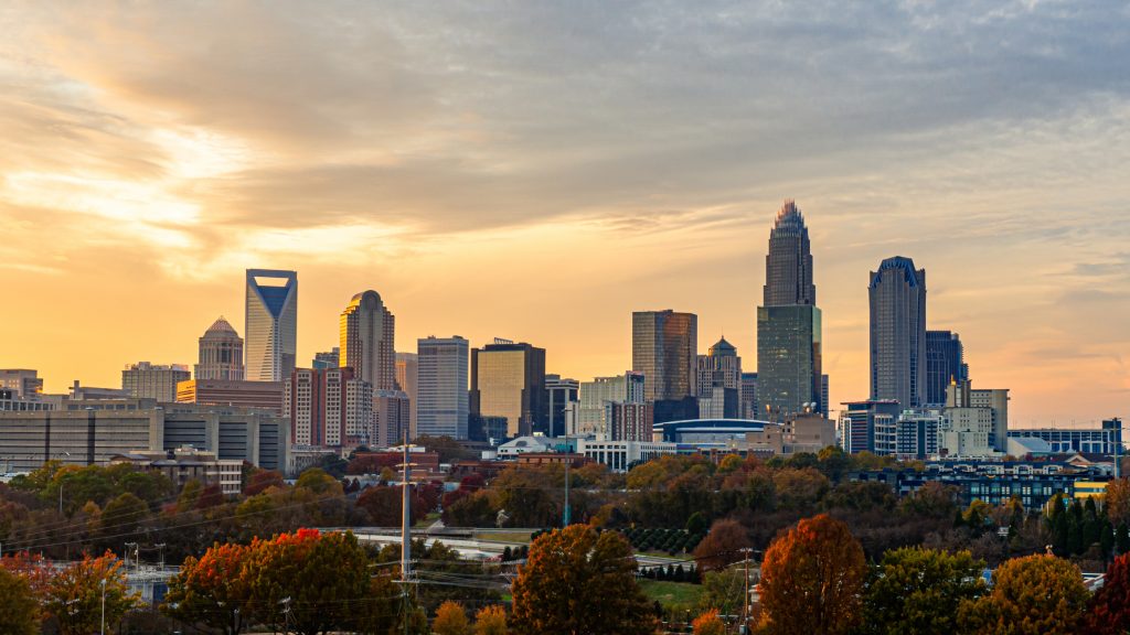 Charlotte, North Carolina just before sunset in the fall.
