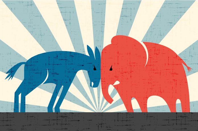 Democratic donkey and Republican elephant butting heads.