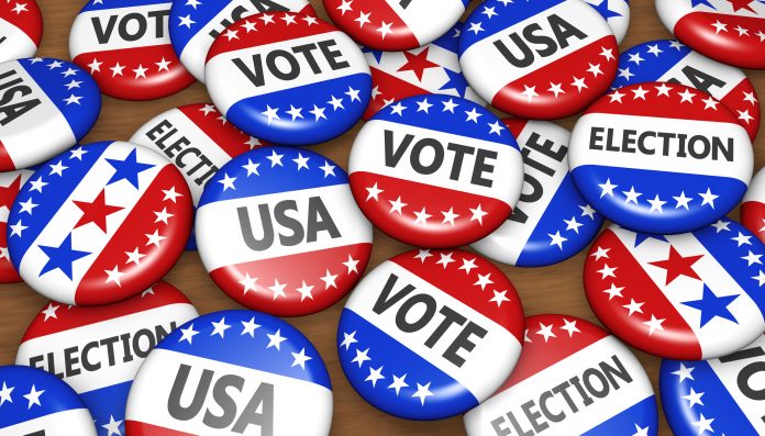 US presidential election in USA vote concept with sign on campaign badges banner background 3D illustration.