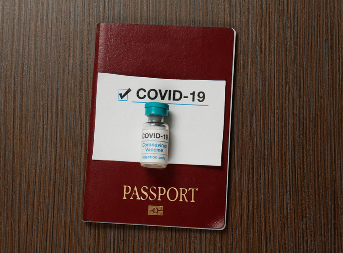 Covid-19 virus passport protection during international travel vaccine bottle to prove person is vaccinated