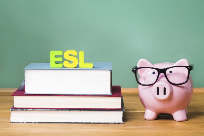 English as a Foreign Language ESL theme with pink piggy bank with chalkboard in the background as concept image of the costs of education