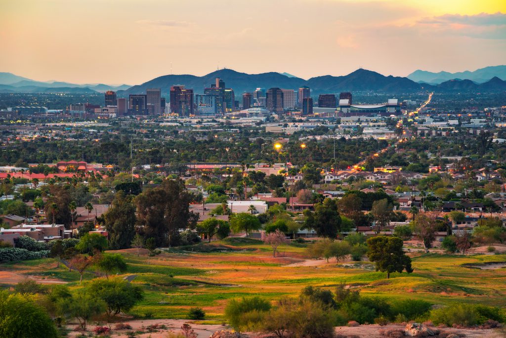 Aerial view of Phoenix Arizona skyline at sunset