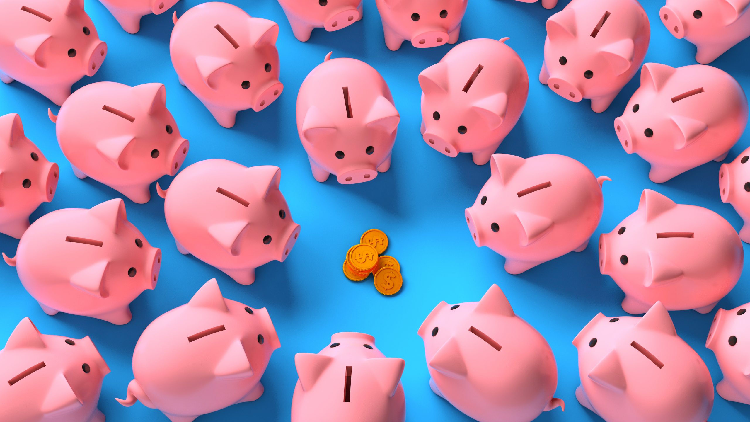 Lots of pink piggy banks around a stack of money coins on a blue background. Profit sharing. Saving income. Top view. 3d render.