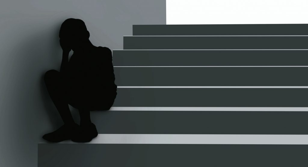 3D illustration image of depressive disorder boy shadow that serious thinking sit at stair corner