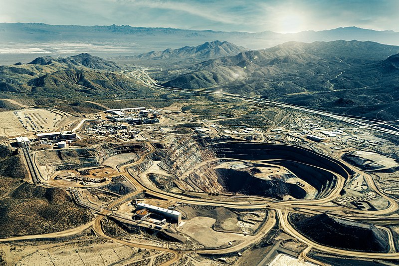 An aerial photograph of the Mountain Pass Rare Earth Mine & Processing Facility in San Bernardino County, California