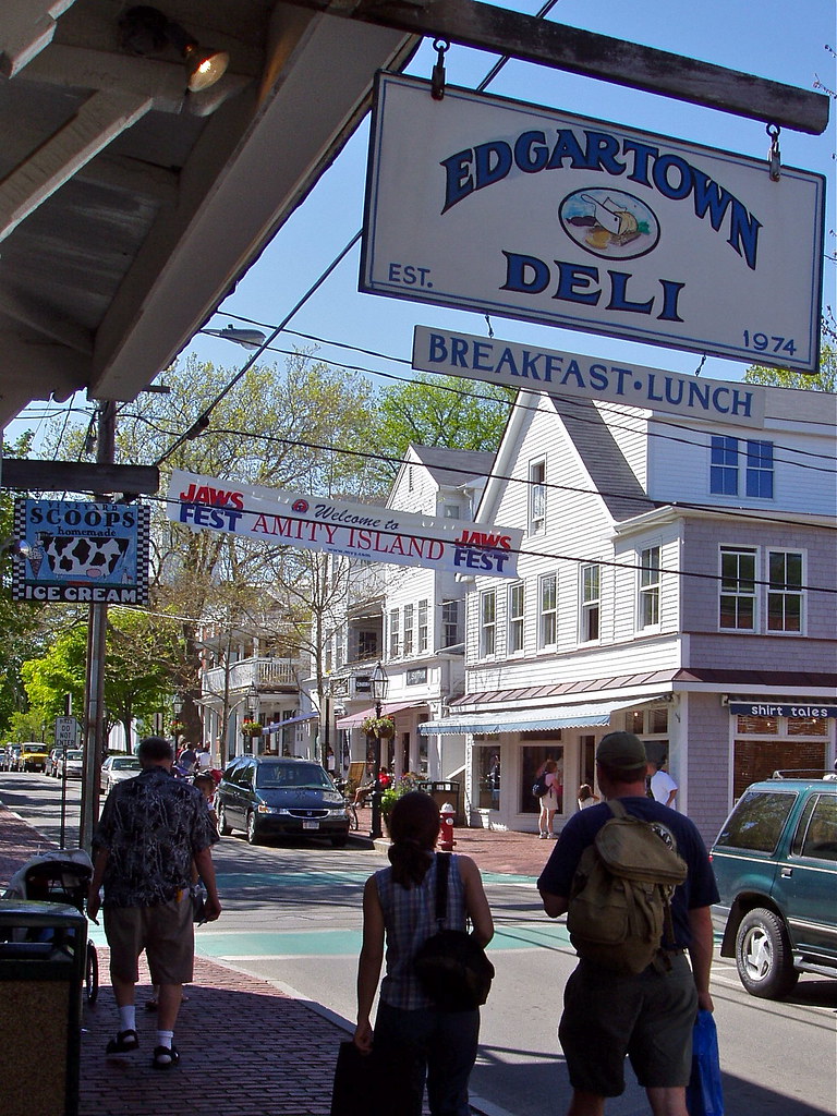 "Martha's Vineyard, 2005: Edgartown Deli, plus 'Welcome to Amity Island' JawsFest banner" by Chris Devers is licensed under CC BY-NC-ND 2.0.